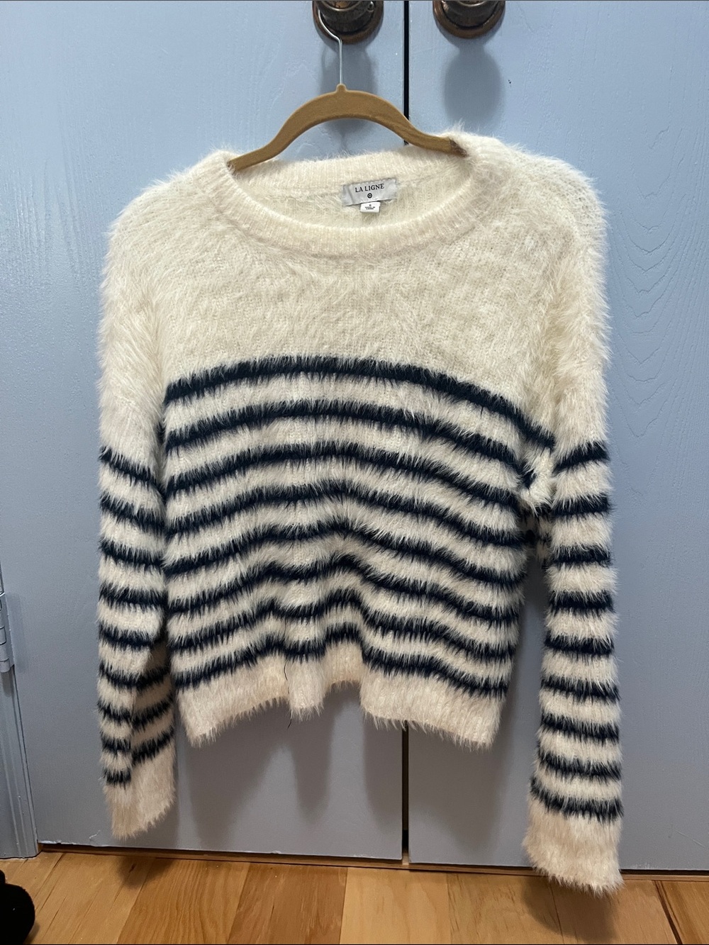 La Ligne for Target Cream Fuzzy Crewneck with Black Stripes